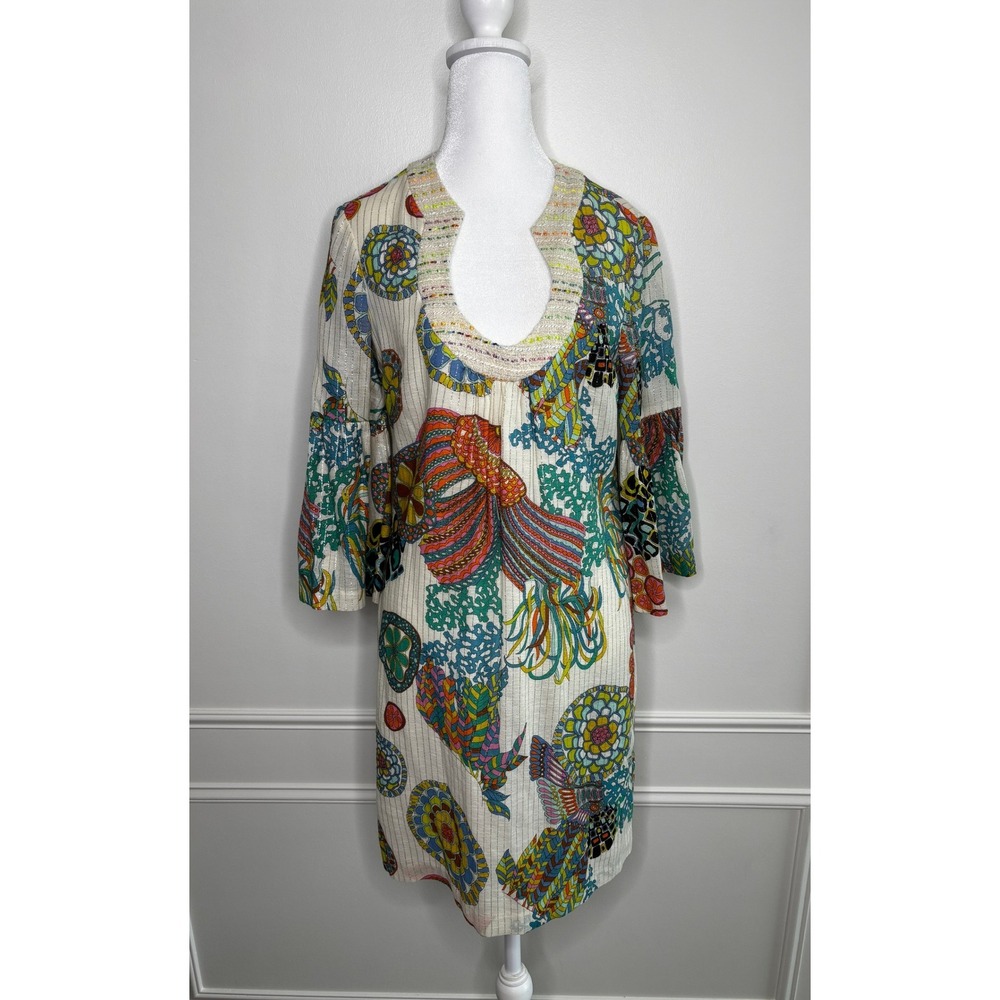 Trina Turk Women's Multi Color Abstract Metallic Shift Dress Bell Sleeve Size 4